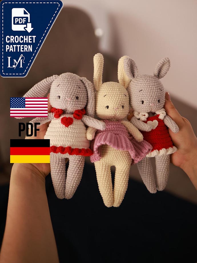 Crochet rabbit pattern in English and German/PDF, amigurumi crochet rabbit, amigurumi pattern cute bunny, crochet animals toy pattern